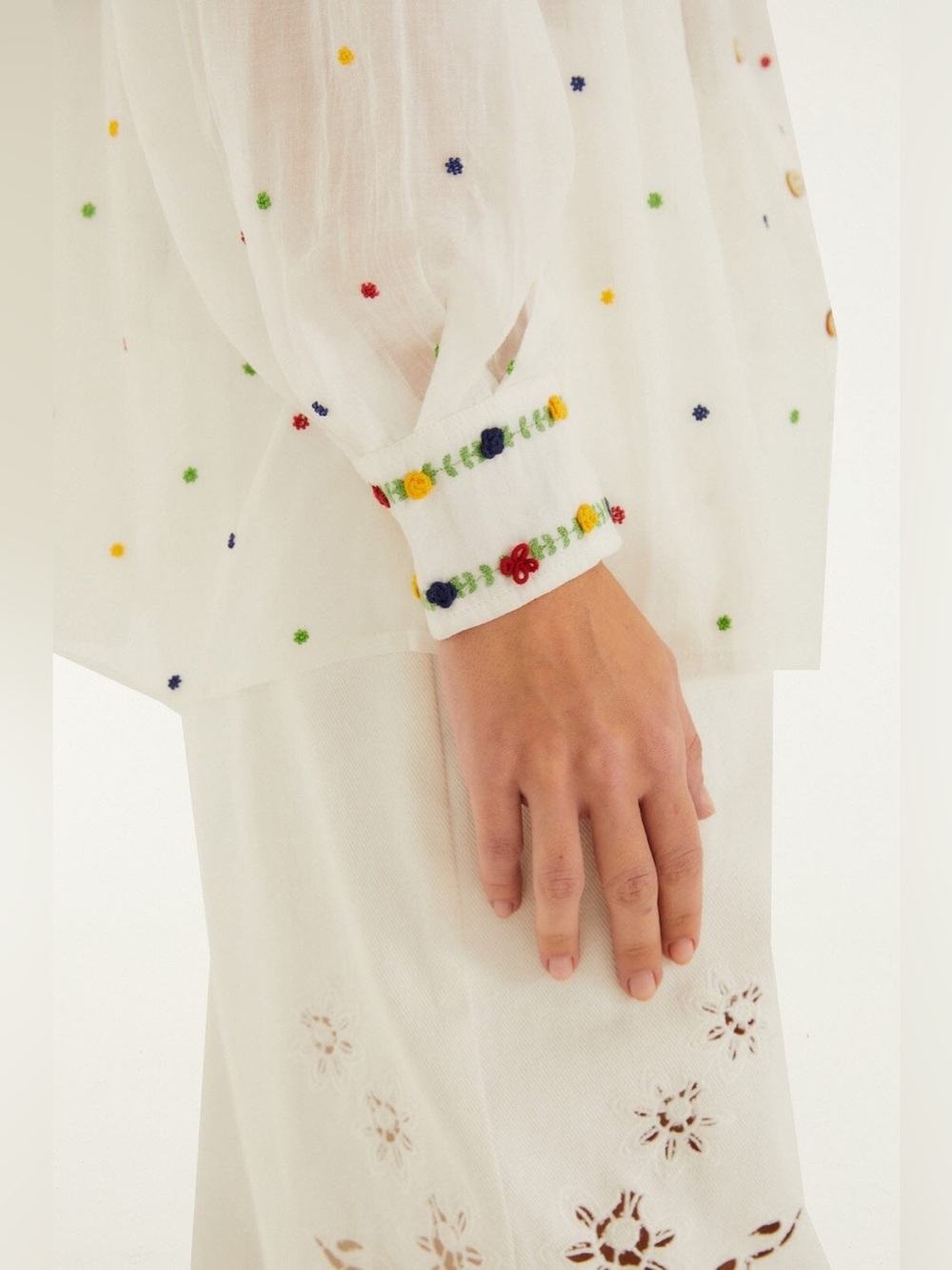 Farm Rio: Off-White Embroidered Beads Long Sleeve Blouse